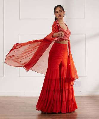 Rust croptop and gharara set with cape 2