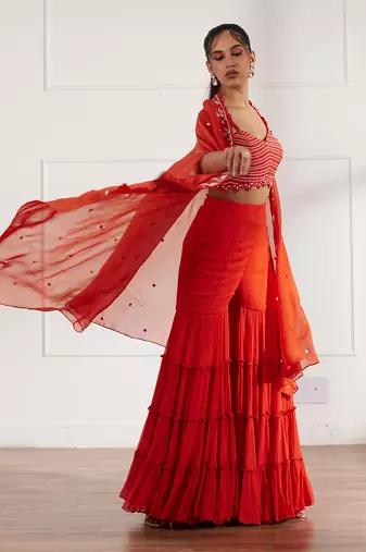 Rust croptop and gharara set with cape