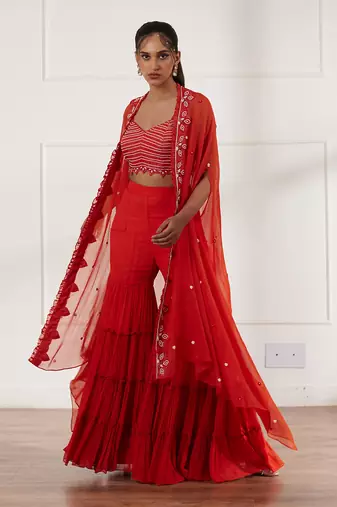 Rust croptop and gharara set with cape