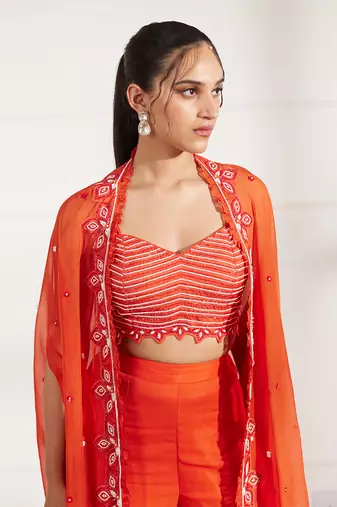 Rust croptop and gharara set with cape
