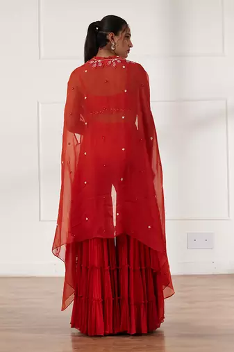 Rust croptop and gharara set with cape