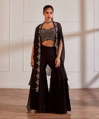 Black croptop and gharara set with cape 1