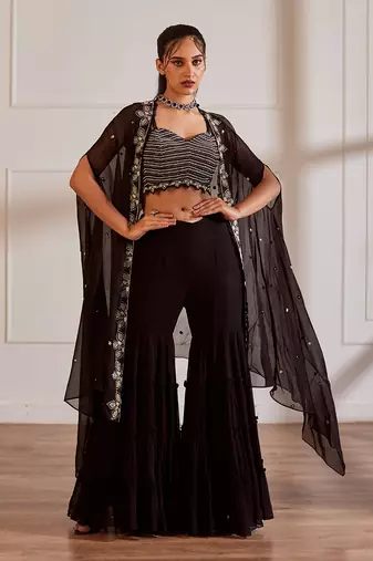 Black croptop and gharara set with cape