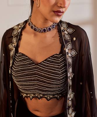 Black croptop and gharara set with cape 3