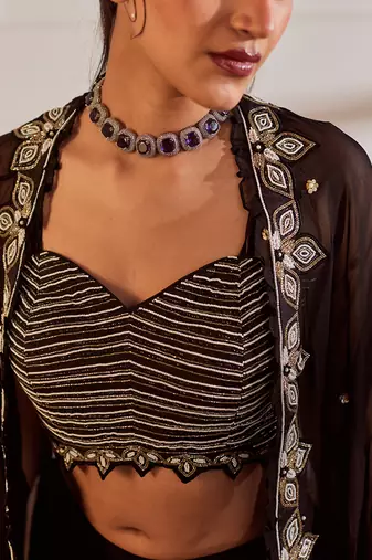 Black croptop and gharara set with cape