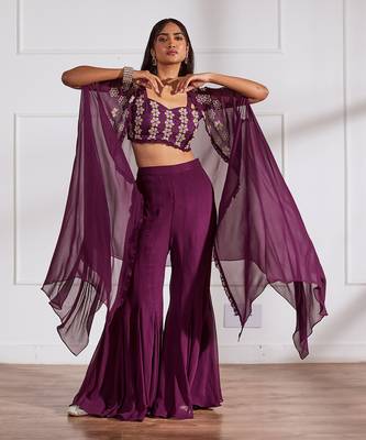 Wine croptop and sharara with cape 1