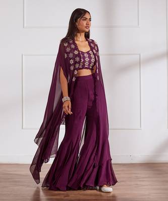 Wine croptop and sharara with cape 2