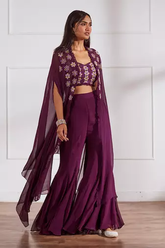 Wine croptop and sharara with cape