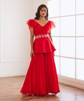 Red peplum and sharara with belt 1