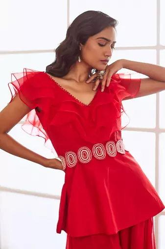Red peplum and sharara with belt