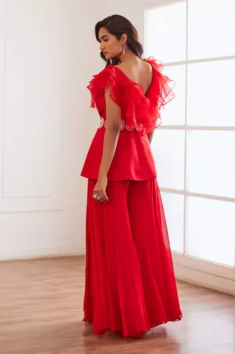 Red peplum and sharara with belt