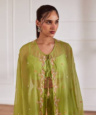 Green croptop and sharara with cape 3