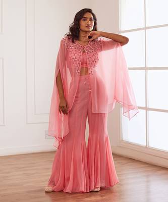 Peachish pink croptop and sharara and cape. 1