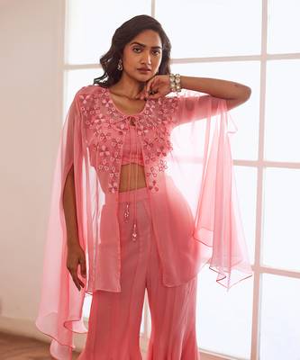 Peachish pink croptop and sharara and cape. 3