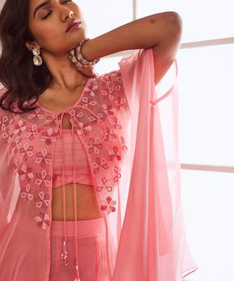 Peachish pink croptop and sharara and cape. 4