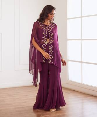 Wine croptop and sharara with cape 1