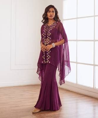 Wine croptop and sharara with cape 2