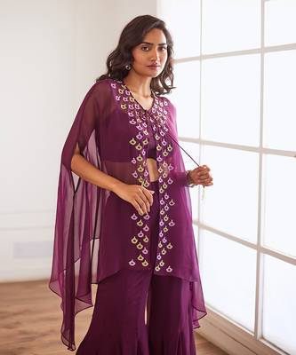Wine croptop and sharara with cape 3