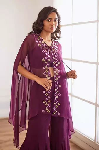 Wine croptop and sharara with cape