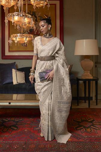 Cream color silk blend weaving work traditonal saree