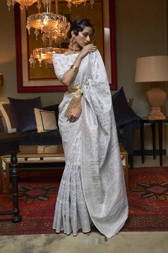 Off white color silk blend weaving work traditonal saree