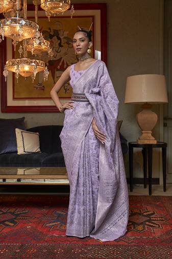 Lavender color silk blend weaving work traditonal saree