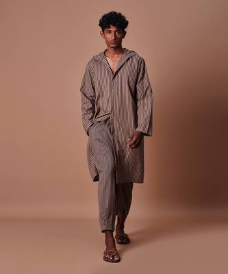 Brown hooded striped kurta 1