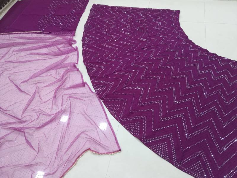 Wine Faux Georgette Mirror Work And Thread Embroidered Lehenga Choli