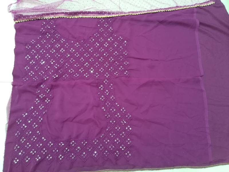 Wine Faux Georgette Mirror Work And Thread Embroidered Lehenga Choli