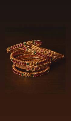 Ruby and Emerald Embellished Matte Finish Temple Bangles BD572 1