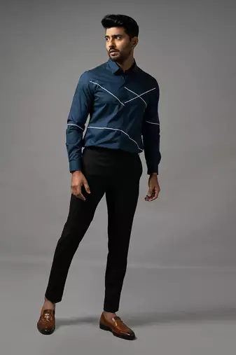 Prussian blue cross stiched shirt