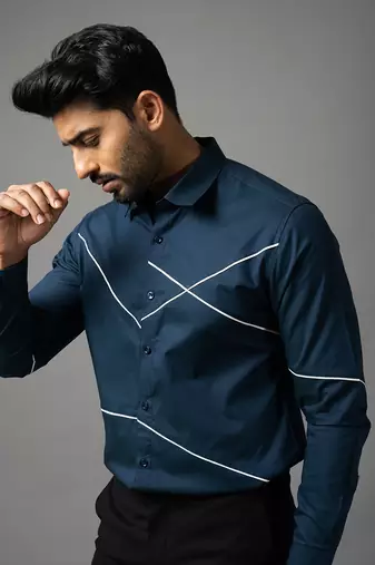 Prussian blue cross stiched shirt