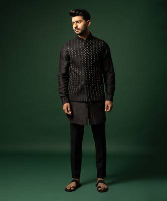 Black frenchknots embroidered nehru jacket set 1