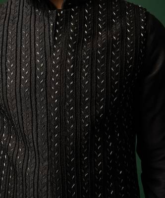 Black frenchknots embroidered nehru jacket set 2