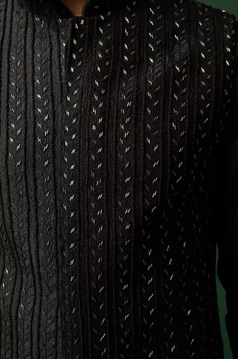 Black frenchknots embroidered nehru jacket set