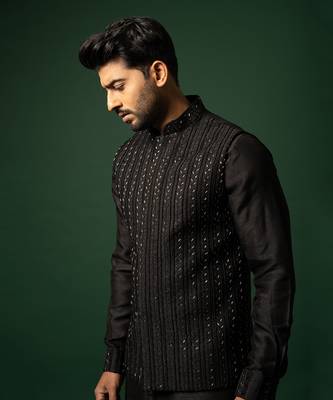 Black frenchknots embroidered nehru jacket set 3