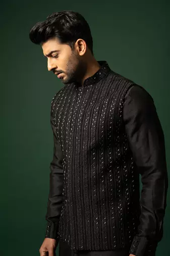 Black frenchknots embroidered nehru jacket set
