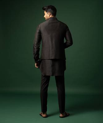 Black frenchknots embroidered nehru jacket set 4