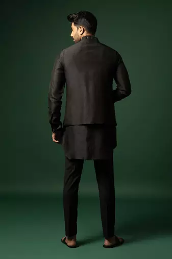 Black frenchknots embroidered nehru jacket set