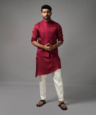 Red asymmetric nehru jacket set 1