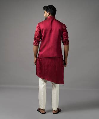 Red asymmetric nehru jacket set 2