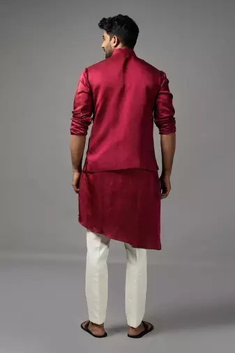 Red asymmetric nehru jacket set