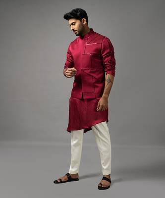 Red asymmetric nehru jacket set 3