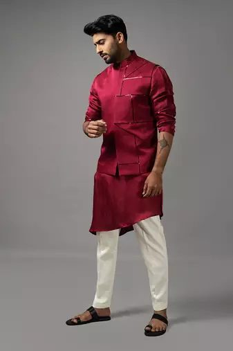 Red asymmetric nehru jacket set