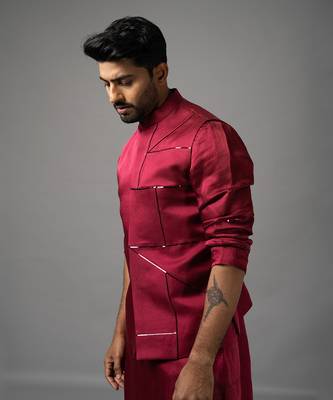 Red asymmetric nehru jacket set 4