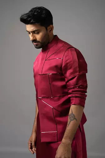 Red asymmetric nehru jacket set