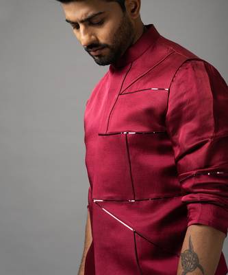 Red asymmetric nehru jacket set 5