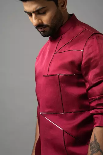 Red asymmetric nehru jacket set