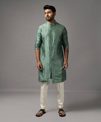 Green silk embroidered kurta set 1
