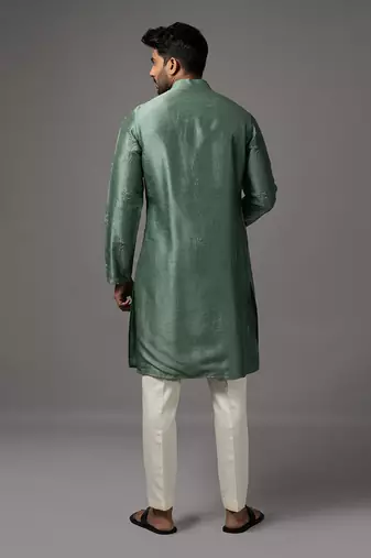 Green silk embroidered kurta set